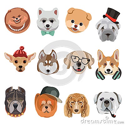 Cartoon dogs and hipster puppy face muzzles vector icons Vector Illustration