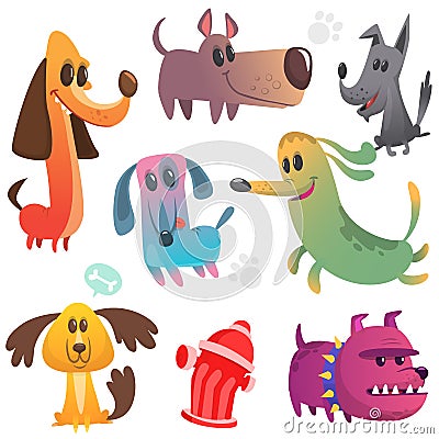 Cartoon dogs set. Bulldog poodle chihuahua dachshund jack russel terrier corgi and doberman. Vector illustration Vector Illustration