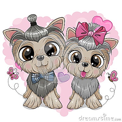 Cartoon Dogs Yorkshire Terrier boy and girl on the heart bakcground Vector Illustration