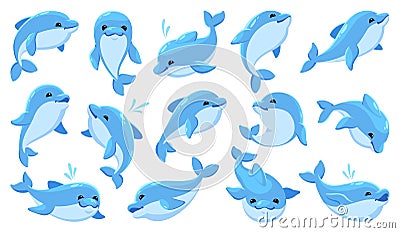 Cartoon dolphin characters. Cute funny marine animal, different swim poses and jumps, oceanarium inhabitants, show Vector Illustration