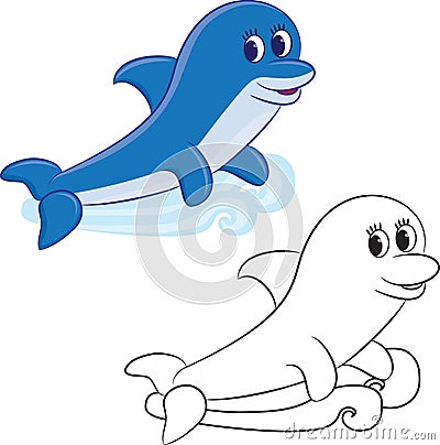 Cartoon dolphin. Coloring book Vector Illustration