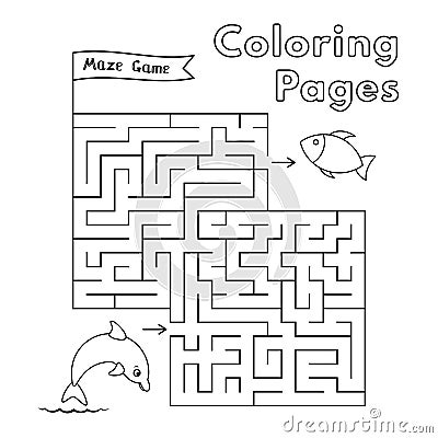 Cartoon Dolphin Coloring Book Maze Game Vector Illustration