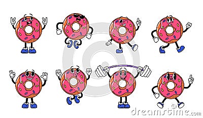 Cartoon Donut Retro Fast Food Characters Emoji Set. Whimsical, Nostalgic Reminiscent Of Classic Diner Aesthetics Vector Illustration