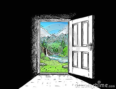 Cartoon Comic of Door to Nature Freedom Cartoon Illustration