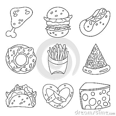 Cartoon doodle fast food set. Design element. Vector illustration isolated on a white background. Vector Illustration