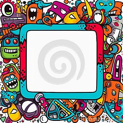 cartoon doodle frame with colorful monsters and other objects Stock Photo