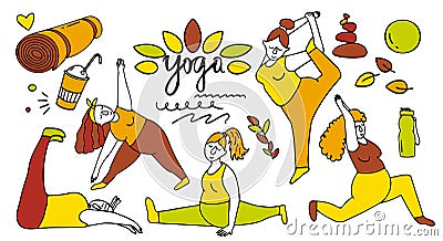 Cartoon doodle of a full woman doing yoga in different poses Vector Illustration