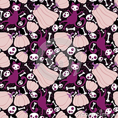 Cartoon doodle Halloween seamless cats and pumpkins and skulls and bones pattern for wrapping paper Cartoon Illustration