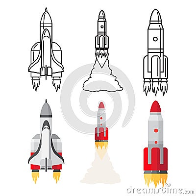 Cartoon and doodle line space rockets set vector illustration Vector Illustration