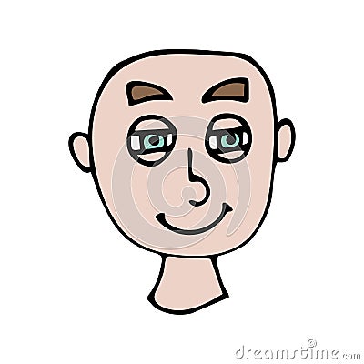 Cartoon doodle linear bald happy face isolated Vector Illustration