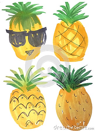 Cartoon doodle pineapples. Hand drawn marker illustration Cartoon Illustration