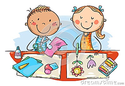 Cartoon doodle school kids enjoy crafting together, creative activities clipart Vector Illustration