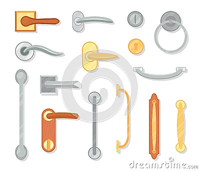 Cartoon door knobs. Isolated flat knob and doors handles. Doorknob and lock, decorative icons. Safety home or office Vector Illustration