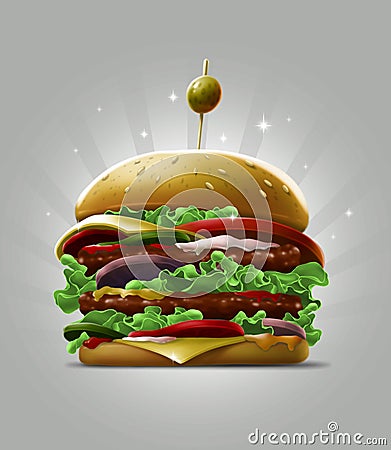 Cartoon double big burger with fresh salad sesame and olive berry Cartoon Illustration