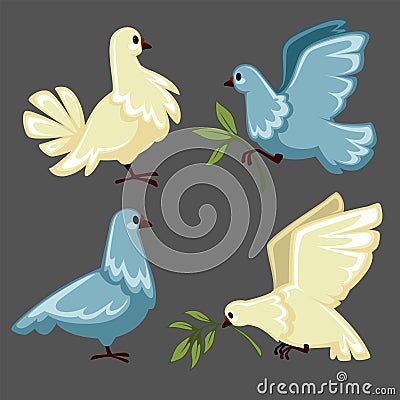 Pigeon or white dove flying with olive branch or twig in claws isolated bird Vector Illustration