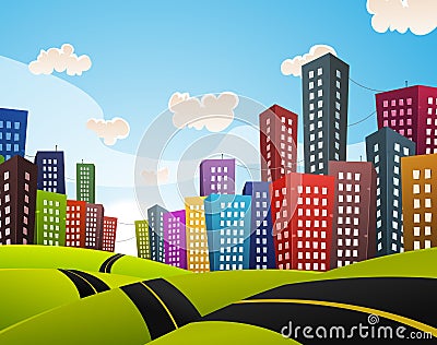 Cartoon Downtown Road Landscape Vector Illustration