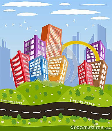 Cartoon downtown road landscape Vector Illustration