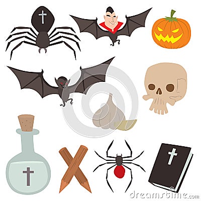 Cartoon dracula vector coffin symbols vampire icons character funny man comic halloween and magic spell witchcraft ghost Vector Illustration