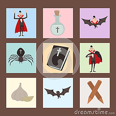 Cartoon dracula vector coffin symbols vampire icons character funny man comic halloween and magic spell witchcraft ghost Vector Illustration