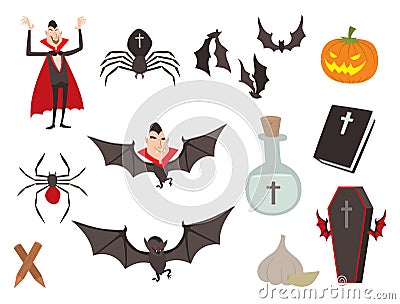 Cartoon dracula vector coffin symbols vampire icons character funny man comic halloween and magic spell witchcraft ghost Vector Illustration