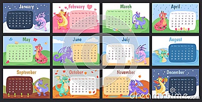 Cartoon dragon calendar. Wall calendars cute funny dragons content, chinese zodiac 2024 year symbol poster print Cartoon Illustration