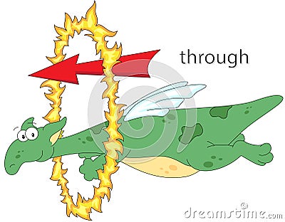 Cartoon dragon flies through the ring of fire. English grammar i Vector Illustration