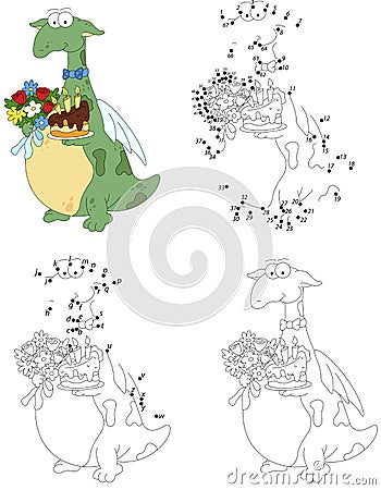 Cartoon dragon with the flowers and the birthday cake. Coloring Vector Illustration