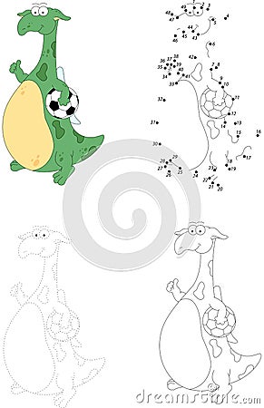 Cartoon dragon footballer isolated on white. Dot to dot game for Vector Illustration