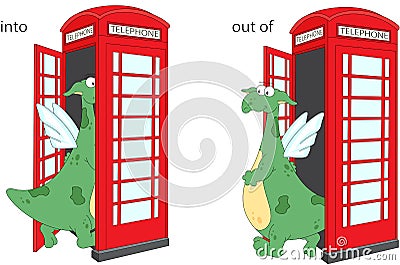 Cartoon dragon goes into and out of telephone box. English grammar in pictures Vector Illustration