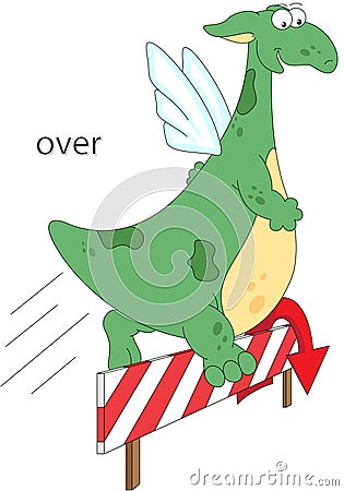 Cartoon dragon jumps over a barrier. English grammar in pictures Vector Illustration
