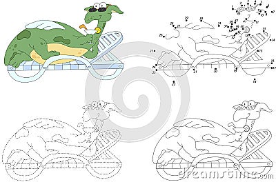 Cartoon dragon lies on a lounger and drinks a cocktail. Vector Illustration