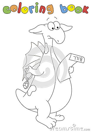 Cartoon dragon looks at the bill for the necklace. Coloring book for kids Vector Illustration