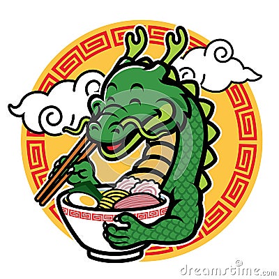 Cartoon dragon mascot eat ramen Vector Illustration