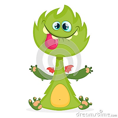 Cartoon dragon monster with tiny wings.Furry green dragon vector illustration. Halloween design. Vector Illustration