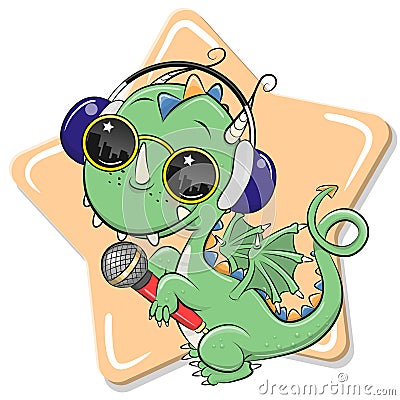 Cartoon Dragon with sun glasses, headphones and microphone Vector Illustration