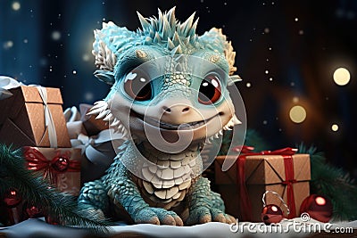 Cartoon dragon symbol of 2024 year in a snowy fairytale forest with gift box and copy space Stock Photo