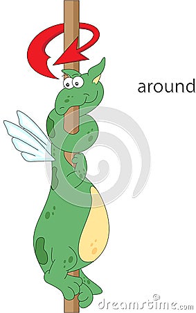 Cartoon dragon twists around the pole. English grammar in pictures Vector Illustration