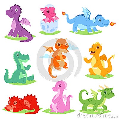 Cartoon dragon vector cute dragonfly or baby dinosaur illustration set of dino characters from from kids fairytale Vector Illustration