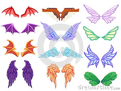 Cartoon dragon wings. Angel devil dragon bat fairy tail mythical monster pegasus unicorn fantasy animal cute wing Vector Illustration