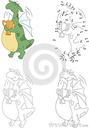 Cartoon dragon winner with a cup trophy isolated on white. Dot t Vector Illustration