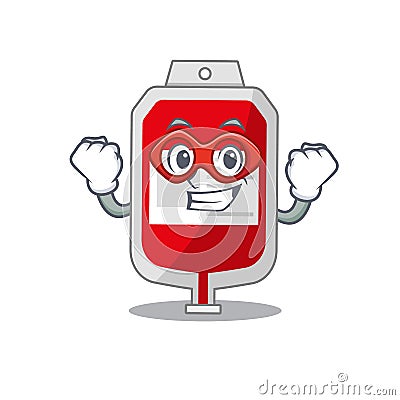 A cartoon drawing of Blood plastic bag in a Super hero character Vector Illustration