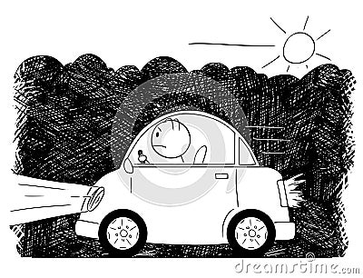 Cartoon Drawing of Car Driving Through Smog and Exhaust Fumes Vector Illustration