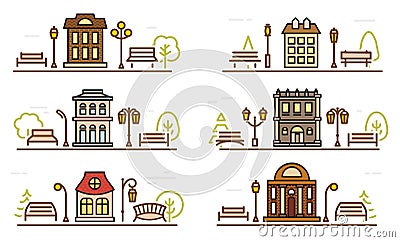 Cartoon drawing coloring facade and adjacent parks. Outline stylized vector cityscape template. Park and city design Vector Illustration