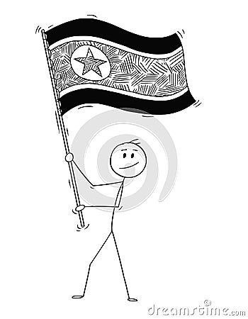 Cartoon of Man Waving the Flag of Democratic People`s Republic of Korea or North Korea Vector Illustration