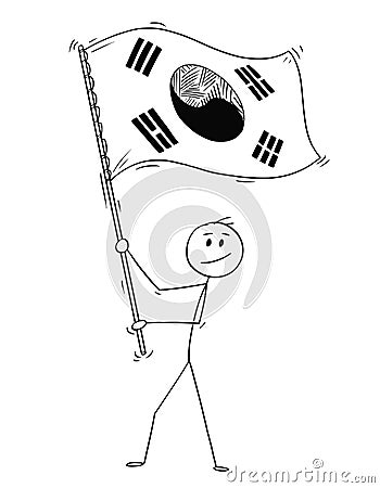 Cartoon of Man Waving the Flag of Republic of Korea or South Korea Vector Illustration
