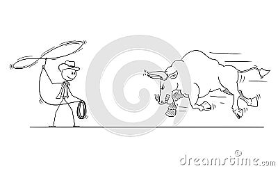 Cartoon Drawing of Cowboy Trying to Catch Bull With Lasso or Rope Vector Illustration