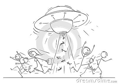 Cartoon Drawing of Crowd of People Running in Panic Away From UFO or Alien Ship Abducting Human Beings Vector Illustration