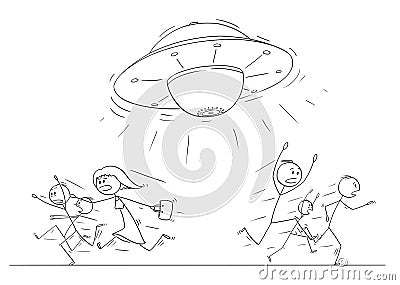 Cartoon Drawing of Crowd of People Running in Panic Away From UFO or Alien Ship Vector Illustration