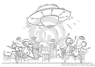 Cartoon Drawing of Crowd of People Running in Panic Away From UFO or Alien Ships Attacking City Vector Illustration