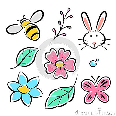 Cartoon drawing of flowers and animals, vector Vector Illustration